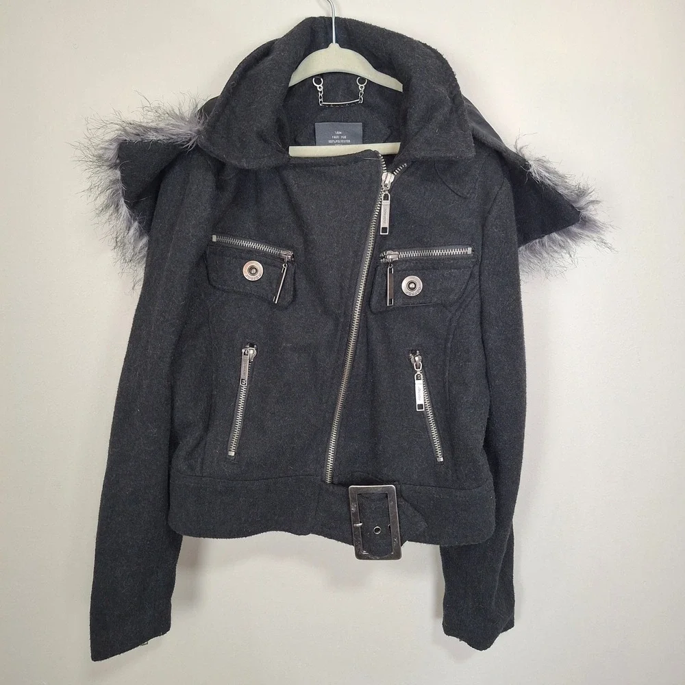 JouJou Girls Charcoal Grey‎ Faux Fur Hooded Moto Jacket Size Medium 10 12
